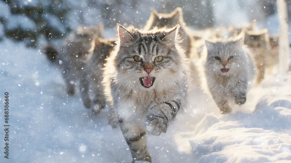 a group of cats in a dynamic pose running through fluffy snow, the onset of winter, December christmas nature