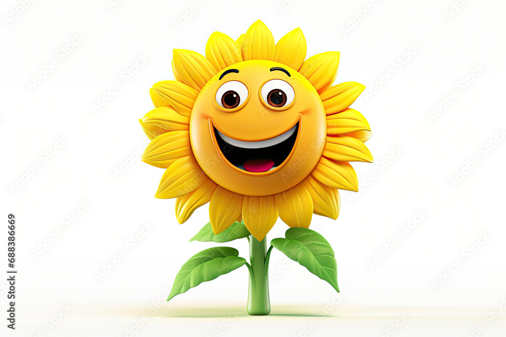 smiling sunflower 3d character standing isolated on white background. 3d sunflower funny cartoon character