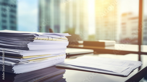 a stack of accounting documents on the desk in the office background copy space document flow © kichigin19