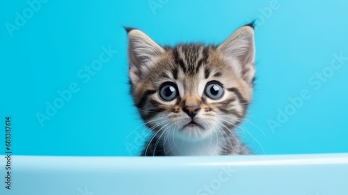 Soft focus. Cat sitting on a blue background. Kitten close up. Cat posing at camera. Little Kitten with big eyes. Copy space. Pet care . Tabby. Horizontal image. Merry Christmas. Greeting card. © Faisal Ai