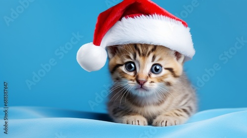 Soft focus. Cat sitting on a blue background. Kitten close up. Cat posing at camera. Little Kitten with big eyes. Copy space. Pet care . Tabby. Horizontal image. Merry Christmas. Greeting card.