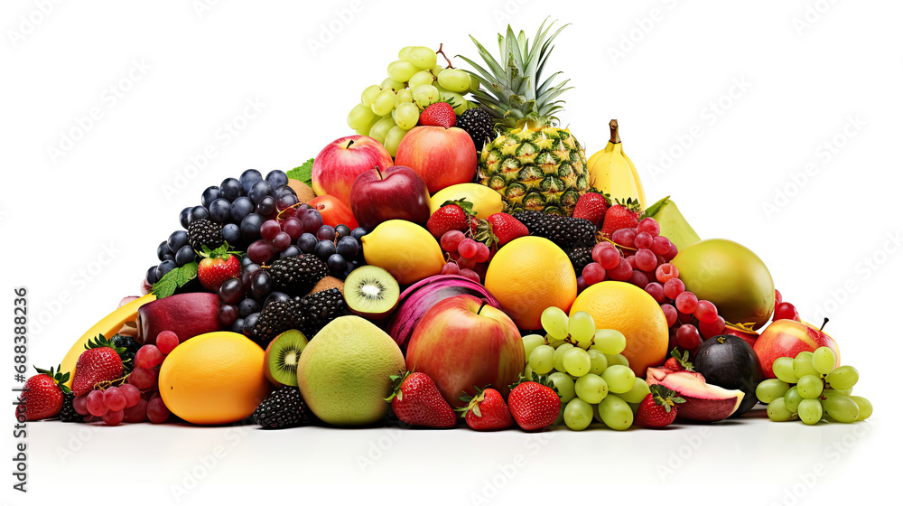 a pile of different fruits isolated on a white background