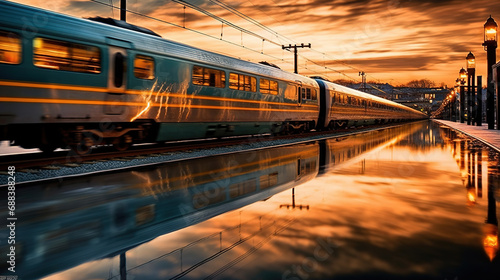 Mesmerizing High Speed Train Travel Trough Forest at Sunset With Motion Blur and Reflection Blurry Background