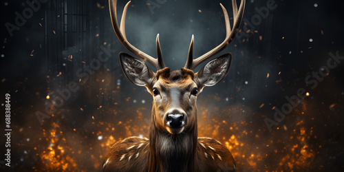 stag  with glowing antlers in a forest at night with yellow and dark background having careful ear feeling fair alone Glowing Antlers in the Dark Forest.AI Generative © abuhurarah