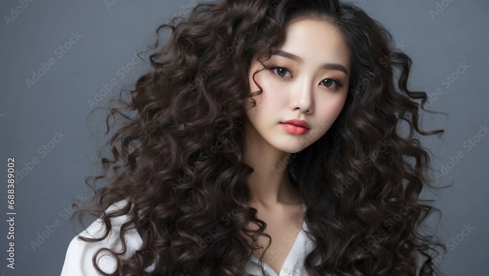 Fototapeta premium Asian Beautiful Young Woman, Korean Makeup Style and Curly Hair