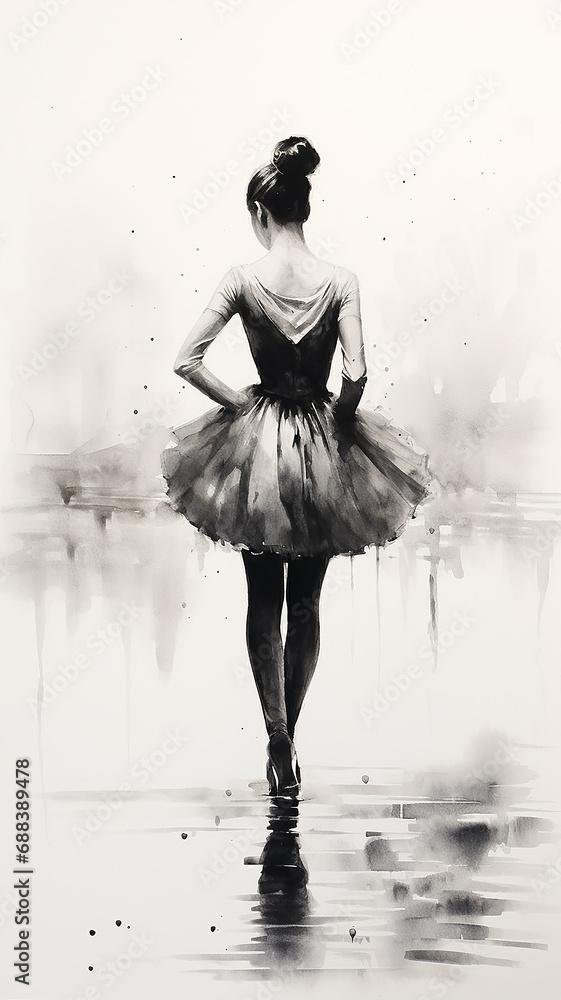 ballerina view high, vertical, narrow from the back pencil sketch on a white background black and white drawing - obrazy, fototapety, plakaty 