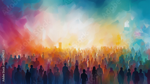 multicolored crowd  a row of silhouettes of people   drawing watercolor style multicultural society  performance concert  rainbow spectrum background gradient
