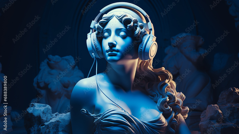 classical music concept, the head of an abstract fictional ancient female statue in modern music headphones, listening to music. - obrazy, fototapety, plakaty 