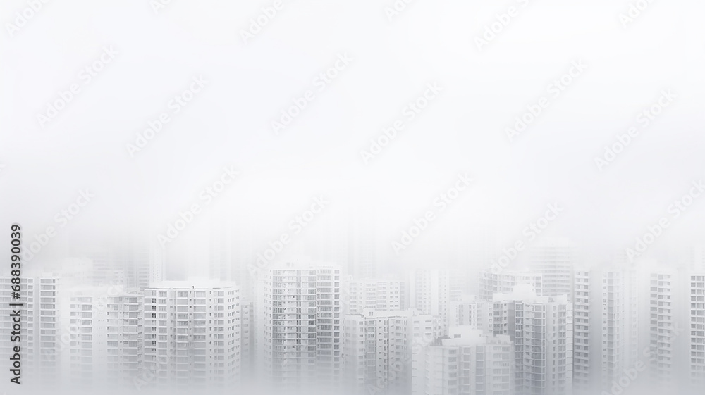 white background, a row of apartment buildings in a white fog, urban abstract panorama, mortgage population social issues