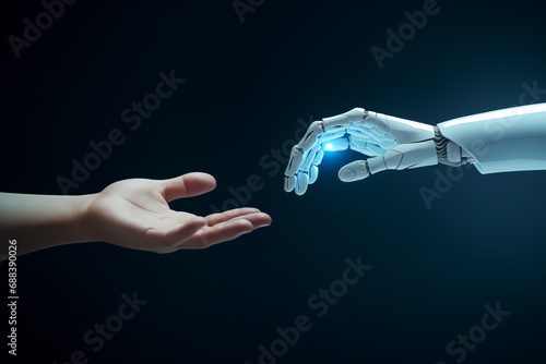 An image of a human hand reaching out to touch a robotic hand, symbolizing the harmony between humanity and technology. generative AI © Varitnan