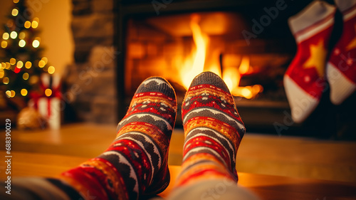 feet in striped knitted multicolored socks in front of a cozy fireplace on Christmas Eve, a warm winter evening at home © kichigin19
