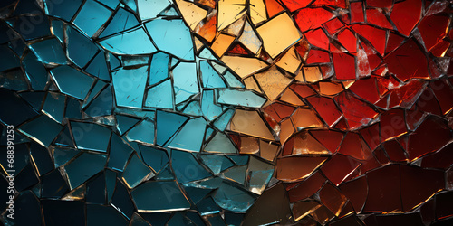 The intricate blue and gold broken glass art piece stands out against a vibrant red backdrop
