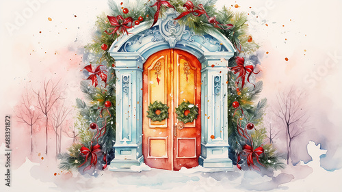 watercolor illustration christmas decorated door on white background, light, postcard greeting invitation © kichigin19