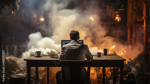 deadline concept, businessman sitting at the table view from the back, smoke coming from the table, stress, professional burnout, fatigue