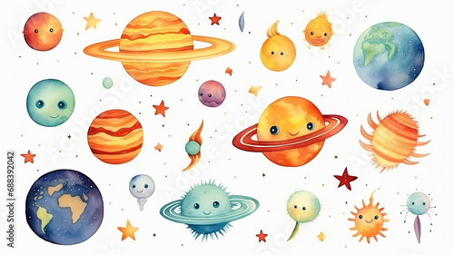 planets in space on a white background, watercolor drawing for children primitive minimalistic poster illustration © kichigin19