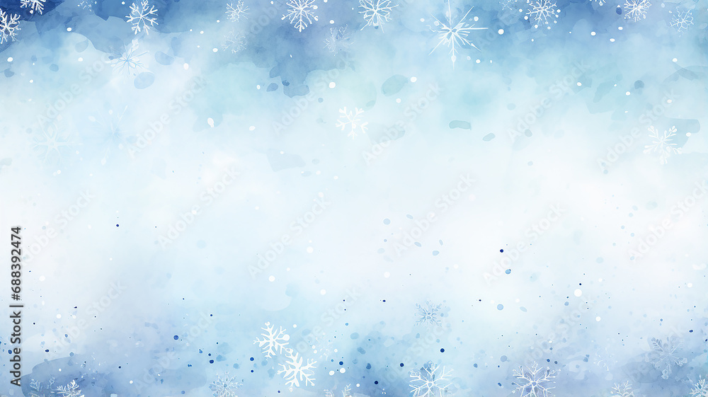 Obraz premium light blue winter background with blurred white snowflakes, watercolor Christmas greeting form, an empty copy space in the cold colors of winter