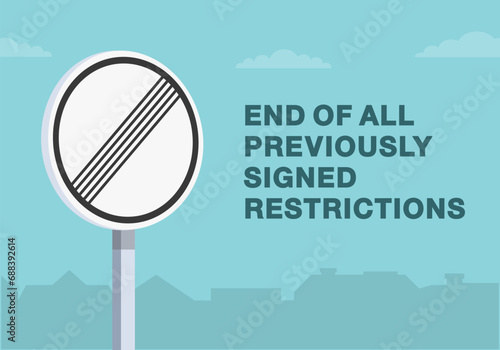 Safe driving tips and traffic regulation rules. Close-up of end of all previously signed restrictions sign.  Flat vector illustration template.