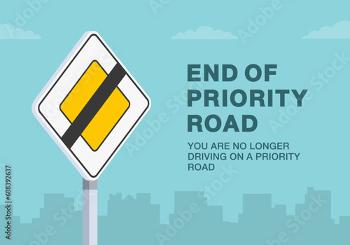 Safe driving tips and traffic regulation rules. Close-up of an european end of priority road sign. Flat vector illustration template.