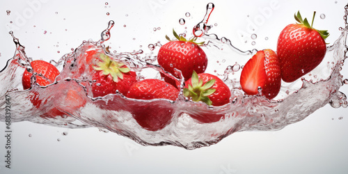 Flying strawberry pieces with a full berry, suspended against a white backdrop
