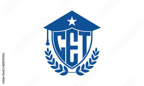 CET three letter iconic academic logo design vector template. monogram, abstract, school, college, university, graduation cap symbol logo, shield, model, institute, educational, coaching canter, tech