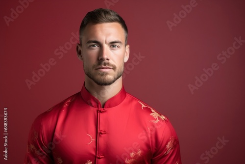 Young American beauty man wearing cheongsam, one color background, copy space , generative ai © Nia™