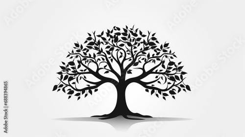 Black Tree with Leaves on White Background