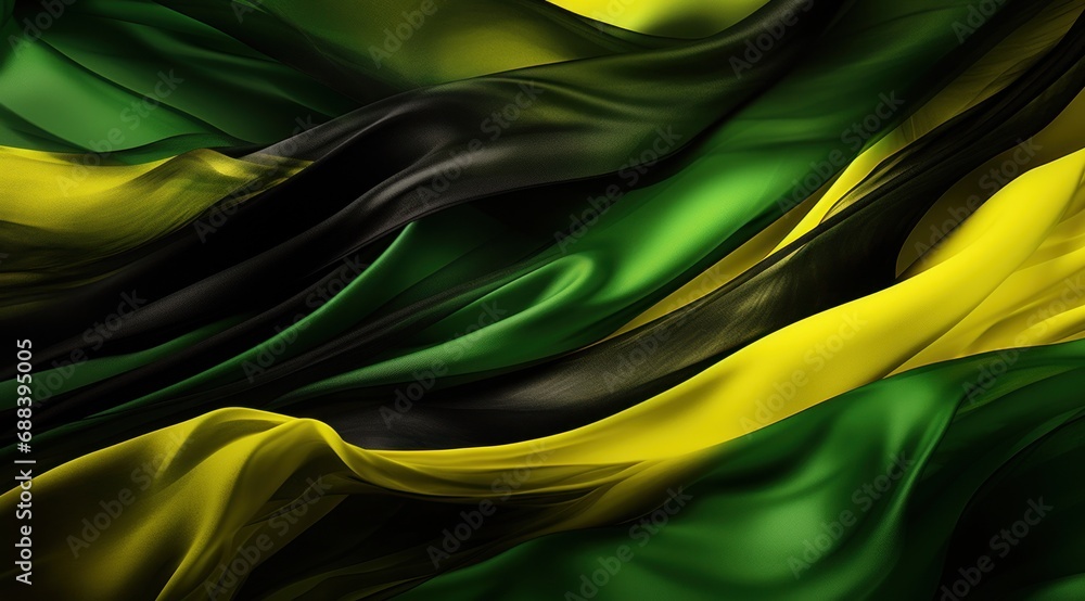Jamaica flag colors Black, Yellow, and Green flowing fabric liquid haze background