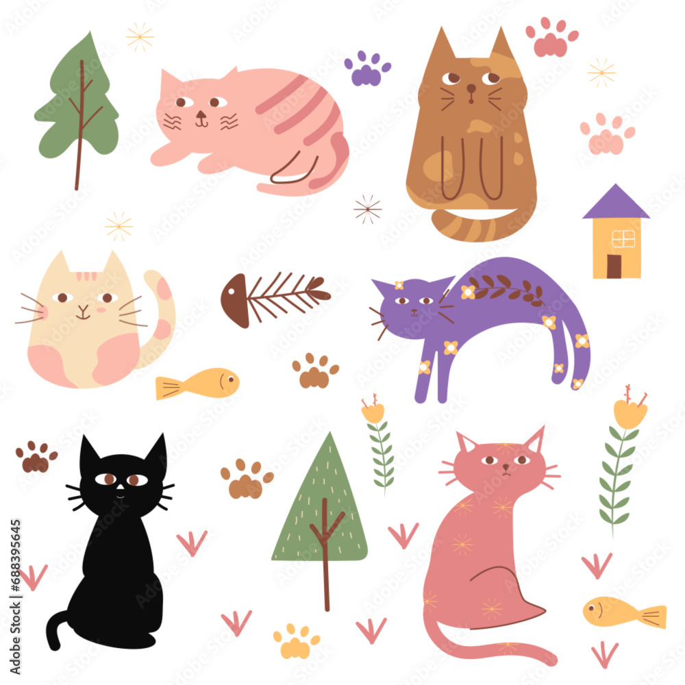 vector hand drawing cat abstract boho doodle nature cute adorable