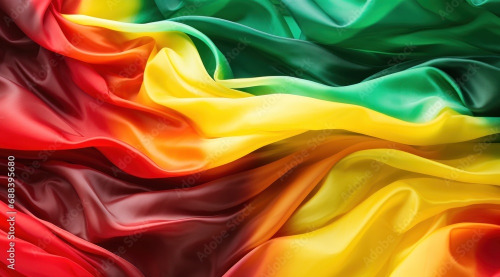 Ghana flag colors Red, Yellow, and Green flowing fabric liquid haze background