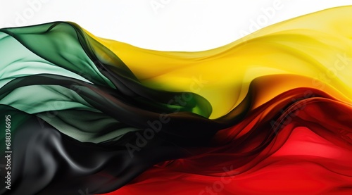 South Africa flag colors Black, Green, Yellow, and Red flowing fabric liquid haze background