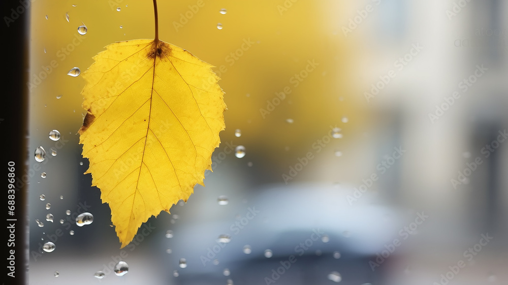 Obraz premium yellow wet leaf on an autumn window in the rain, a background with copy space, an abstract view from the window in October