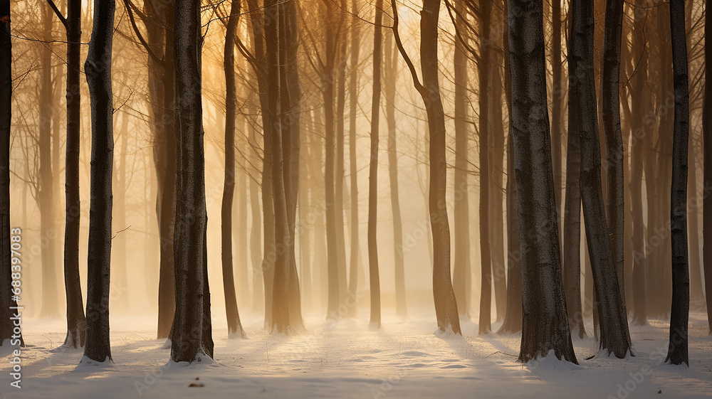 Fototapeta premium winter landscape, view of the alley in the park in the morning fog at sunrise in the rays of the sun and blue, abstract winter nature background
