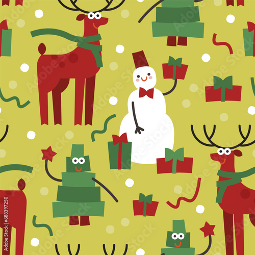 Happy New Year and Merry Christmas background with cartoon snowman, reindeer, christmas tree and gift box on green background. Festive wallpaper, textile design. Vector illustration