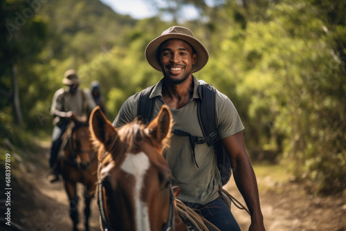 Smiling Man Horseback Riding on a Sunny Forest Trail
