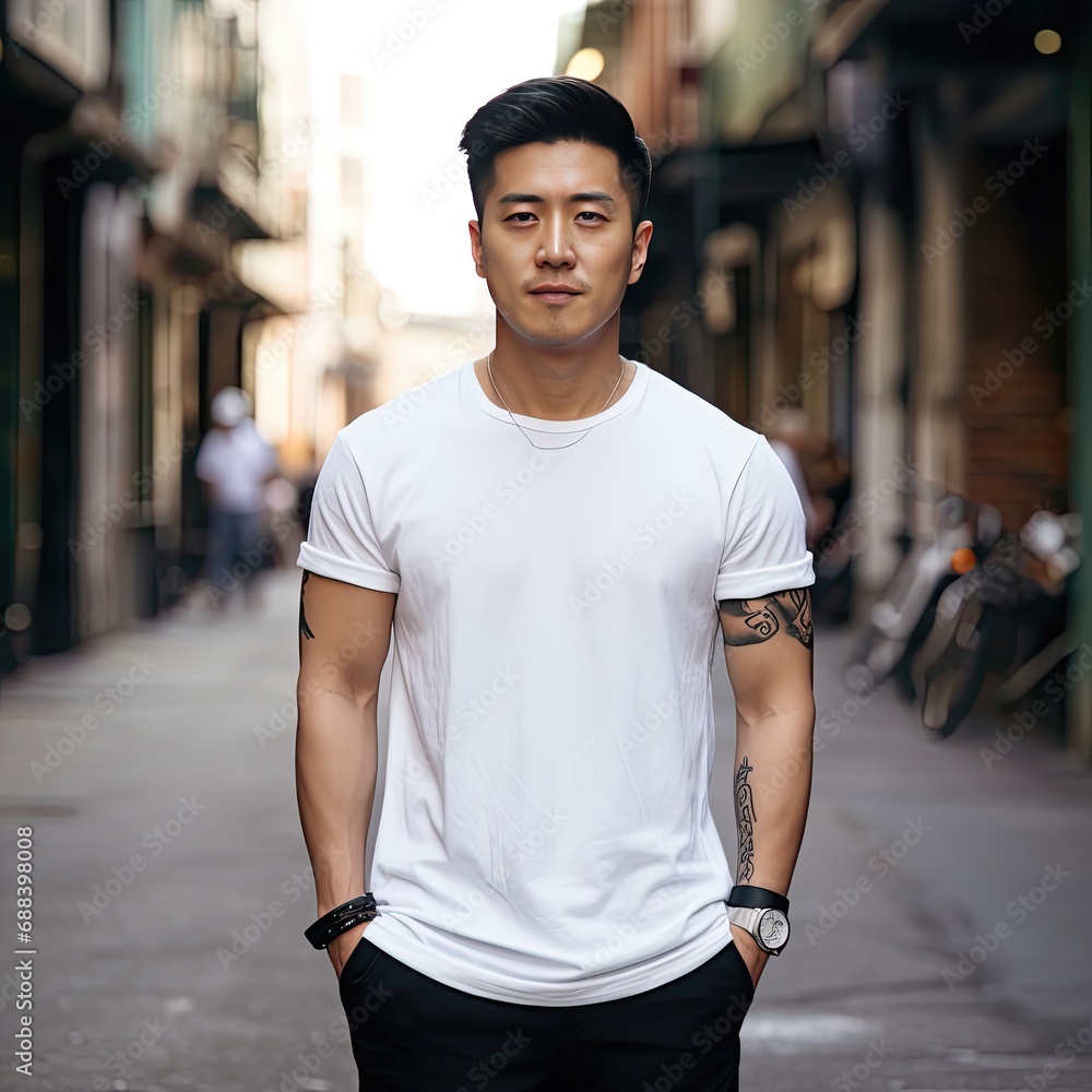Asian man wearing a white full screen T-shirt Asian man wearing a white full screen T-shirt