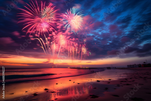 Fireworks on the sea night beach