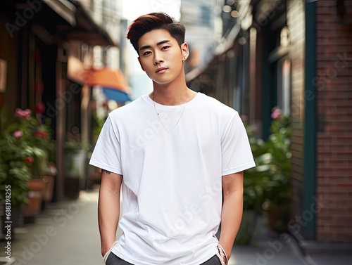 Asian man wearing a white full screen T-shirt