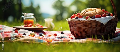 Picnic on grass with open basket, fruits, salad, and cherry pie.