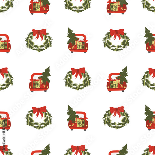 Seamless pattern with Christmas and Happy New Year celebration. Vector cute flat holiday style. Hand drawn car, truck, wreath, tree, gifts