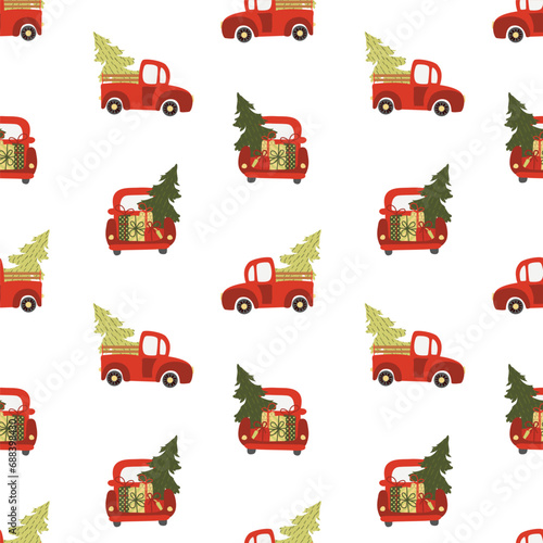 Seamless pattern with Christmas and Happy New Year celebration. Vector cute flat style. Hand drawn cars, trucks, tree, gifts