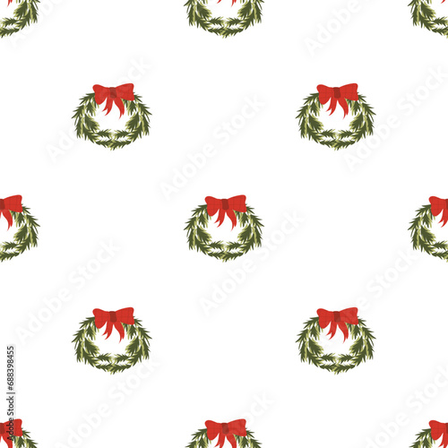 Seamless pattern with Christmas and Happy New Year celebration. Vector cute flat holiday style. Hand drawn wreath wth bow and ribon