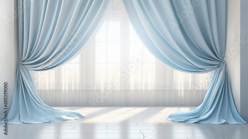 delicate soft color blue curtains, window decoration made of fabric, decor, beautiful interior podium pastel shades