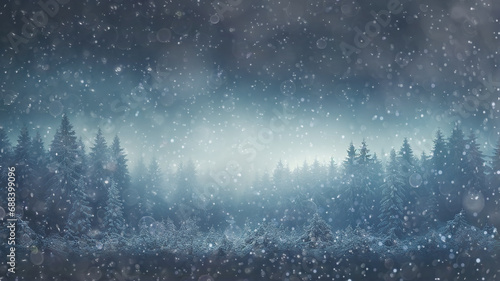 landscape night snowfall in a winter forest, panorama of a blurred background night in a blue coniferous forest swept by snow