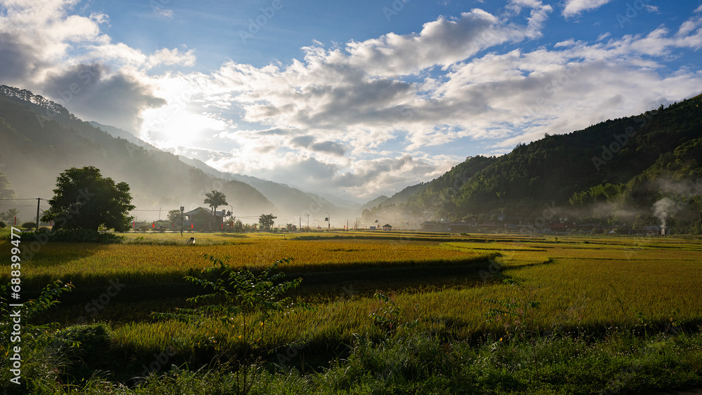 Sunset with fog over the rice fields in the highlands Sunset with fog over the rice fields in the highlands