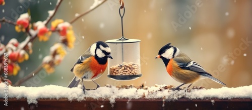 Winter bird feeding with adorable Great Tit and Bullfinch enjoying nutritious seeds from homemade wooden feeder.
