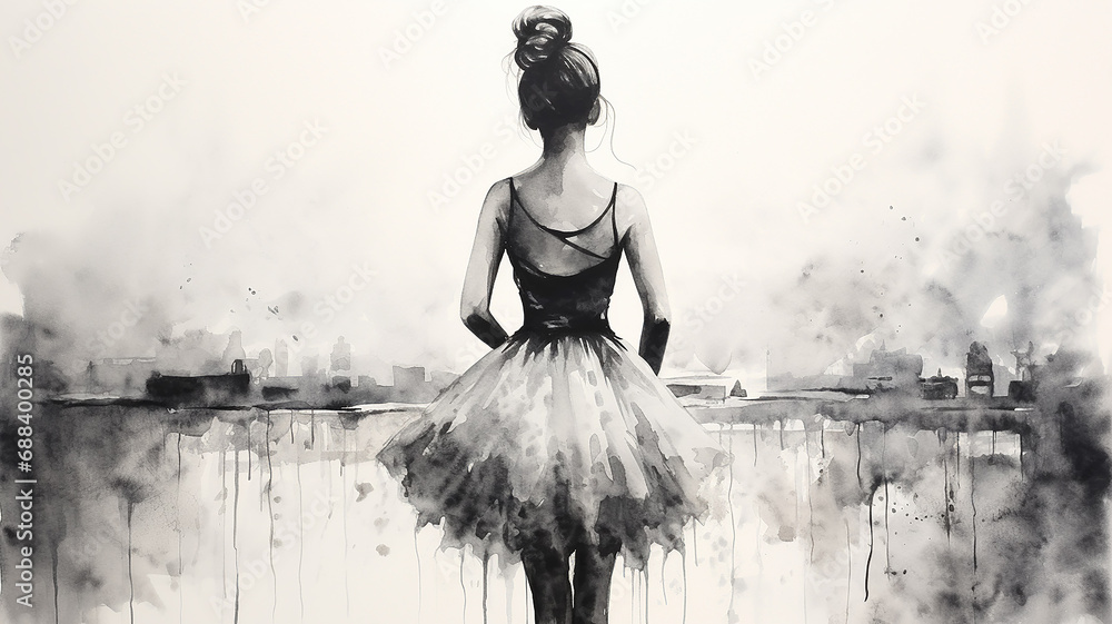 ballerina view from the back pencil sketch on a white background black and white drawing - obrazy, fototapety, plakaty 