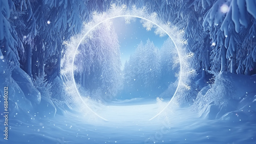 round ice frosty arch festive night evening, frame outside, presentation winter greeting card photo