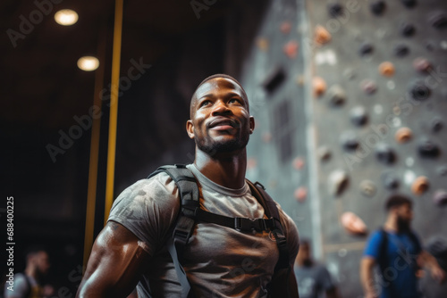 Focused Climber Preparing for Ascent in Indoor Gym 