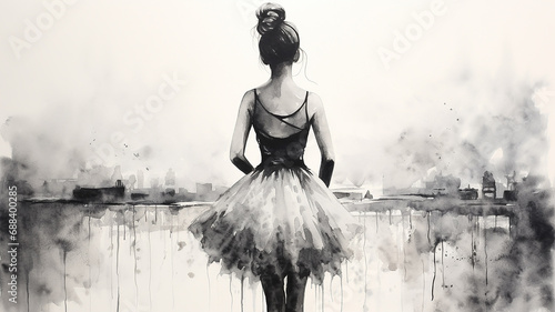 Leinwand Poster ballerina view from the back pencil sketch on a white background black and white