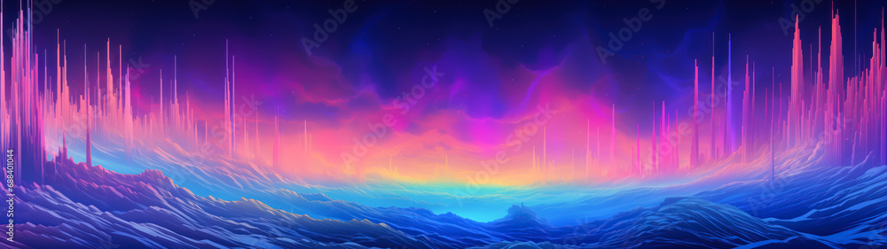 Abstract sci fi pastel rainbow colors landscape, needle spires and clouds, ultrawide panorama banner background